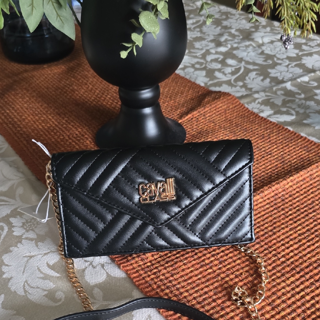 Cavalli Class Brand Womens Black Quilted Phone Wallet Crossbody Purse